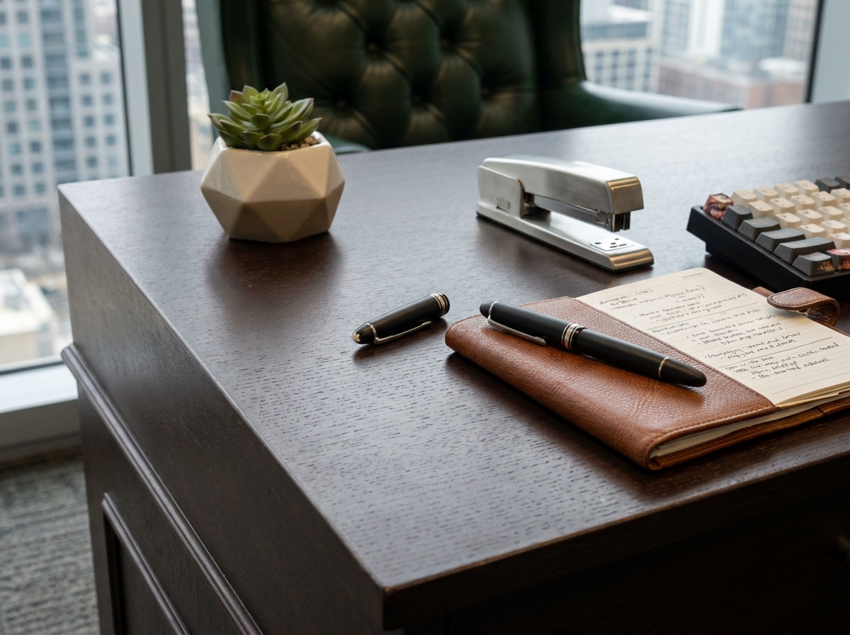 Gros plan sur des accessoires de bureau haut de gamme : stylo premium, agenda en cuir et clavier mécanique sur un bureau en acajou
