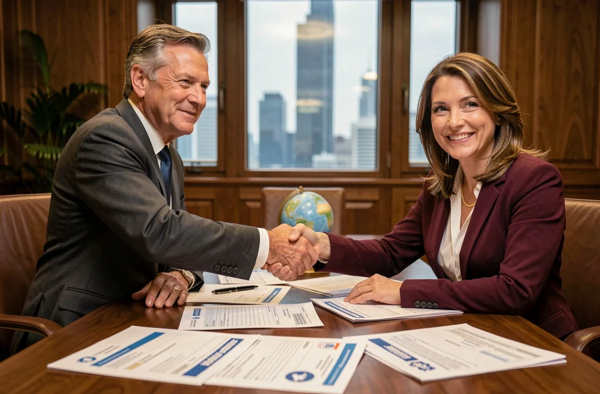 Deux professionnels du commerce international signant un accord sous les nouvelles règles Incoterms 2026 DDP