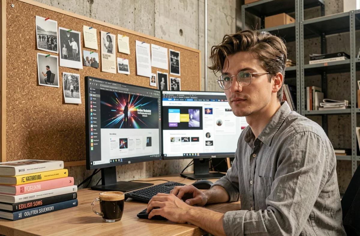 Designer de l'ADTG Studio travaillant sur des maquettes web et motion design dans un studio loft industriel