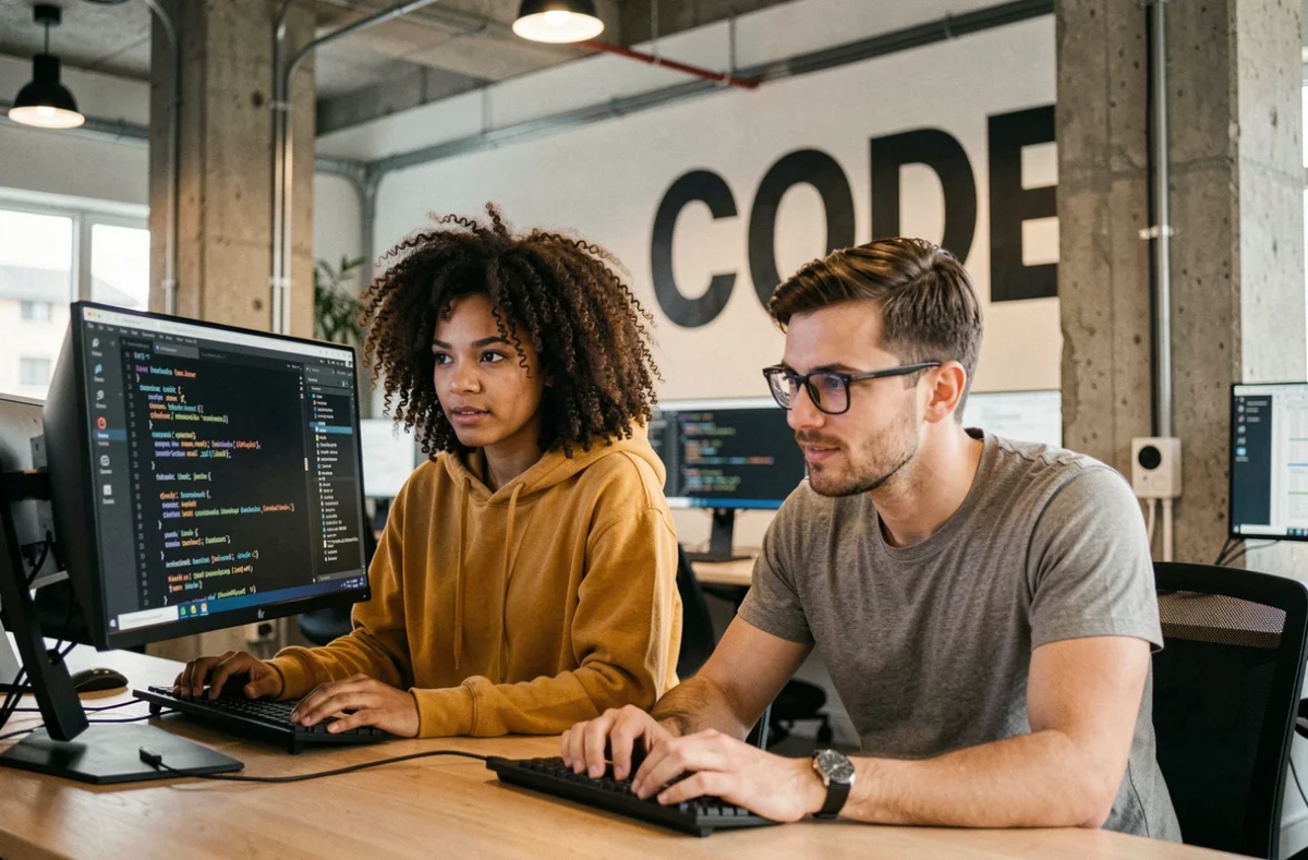 Deux développeurs web de l'agence 22Mille codant côte à côte sur des postes de travail doubles dans un espace de travail moderne