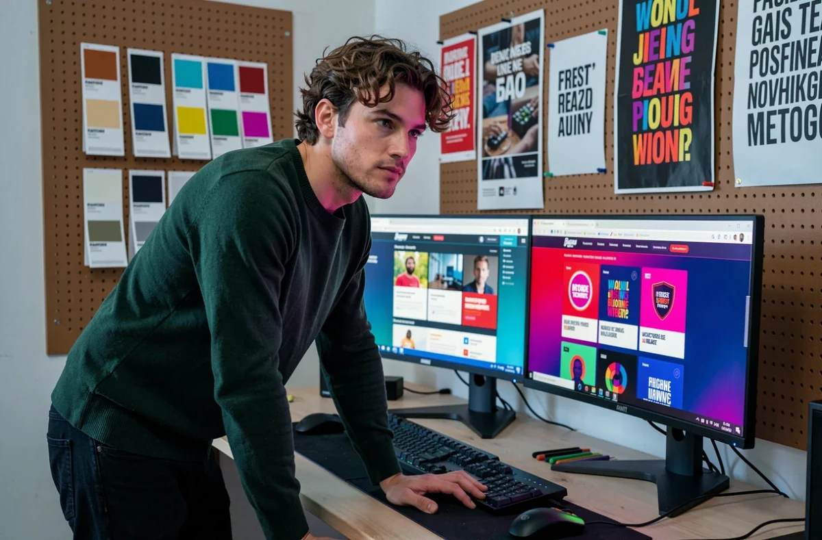 Graphiste de l'agence Acide Création travaillant sur une identité visuelle colorée pour un site web