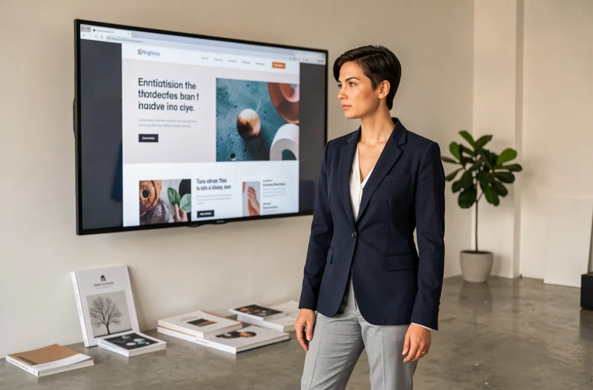 Designer créatif de l'agence Ailleurs présentant une maquette de site web innovante sur grand écran