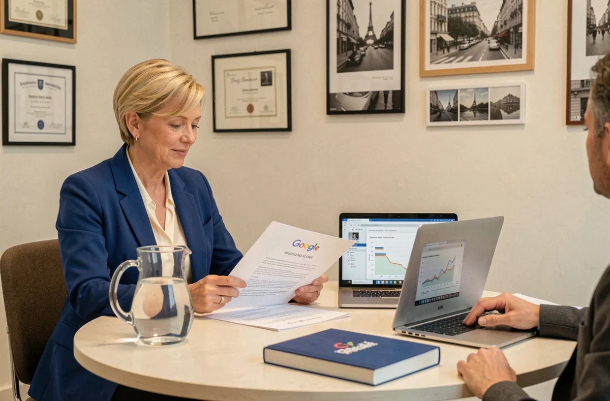 Une directrice de l'agence Com'Only présentant une stratégie Google Ads à un client autour d'une table de réunion dans un bureau parisien chaleureux