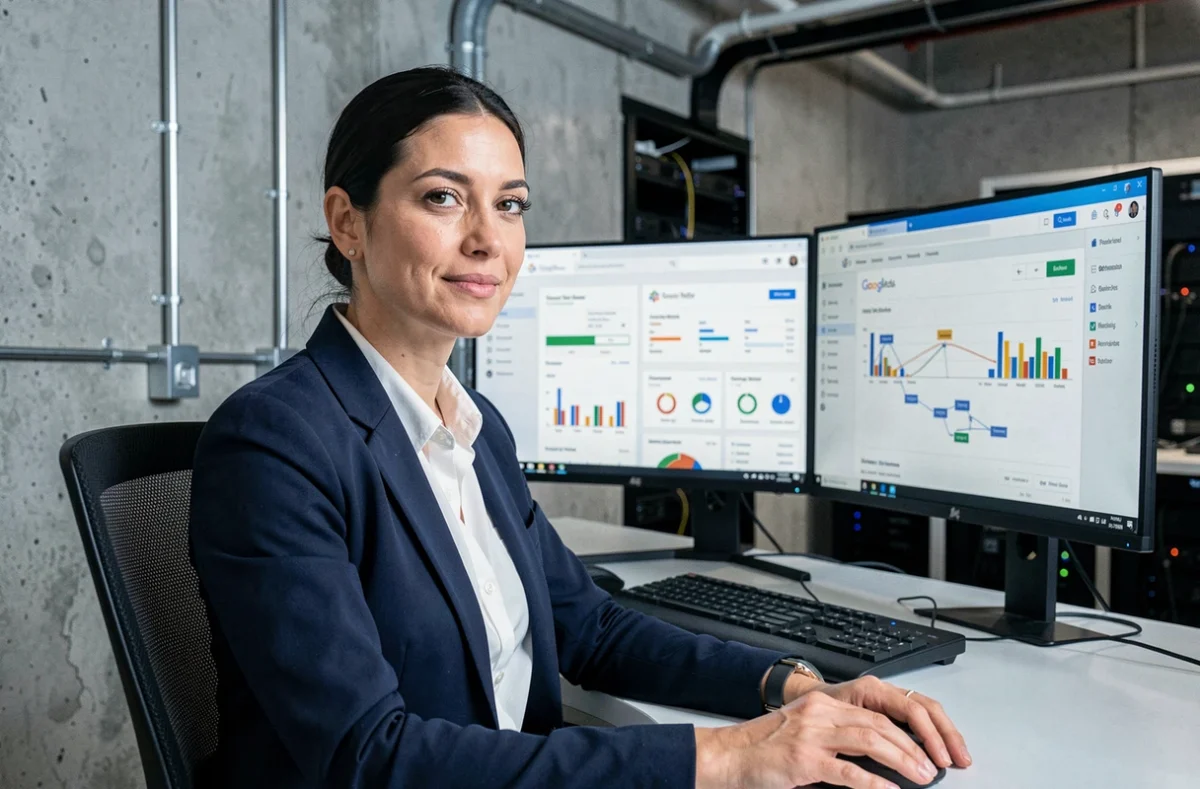 Une professionnelle de l'agence Datashake analysant des données Google Ads sur des écrans double affichage dans un bureau tech minimaliste
