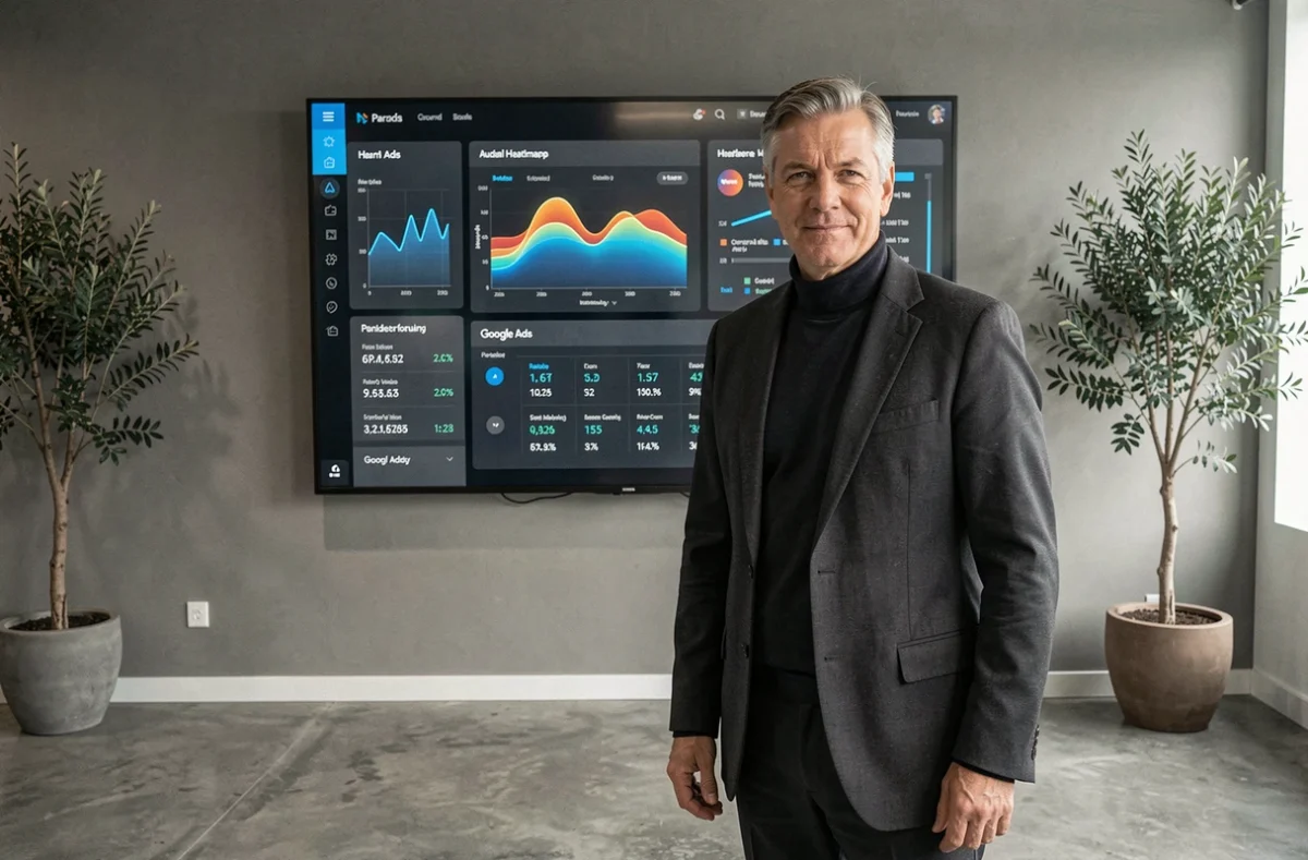 Un dirigeant de l'agence DATASOLUTION présentant des tableaux de bord Google Ads en temps réel dans une salle de réunion professionnelle à Paris