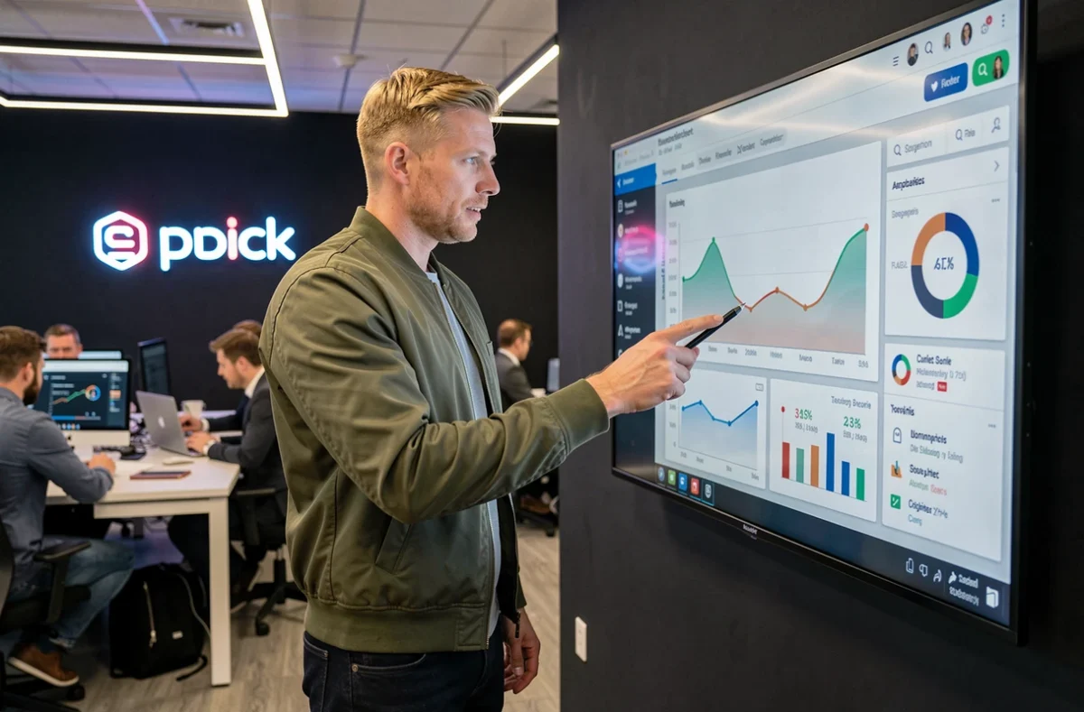Responsable marketing digital de l'agence Digibuzz analysant un tableau de bord de campagne réseaux sociaux sur grand écran