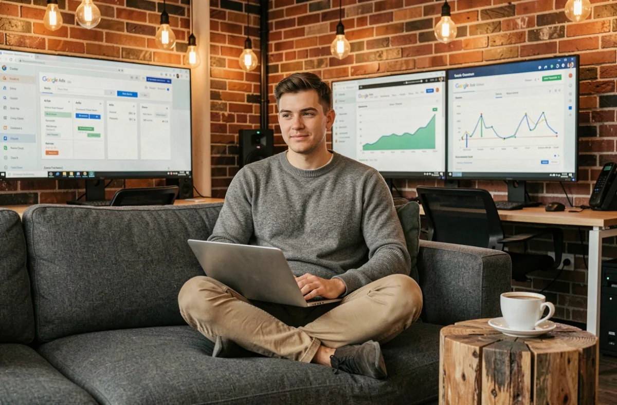 Un consultant de l'agence Digitalised travaillant sur des tests A/B Google Ads dans un espace de travail créatif avec briques apparentes