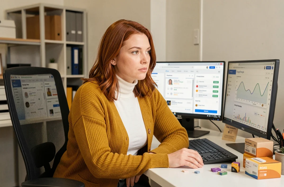 Une spécialiste de l'agence ECOMIZ gérant des campagnes Google Shopping sur un poste de travail e-commerce multi-écrans