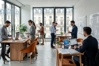 Vue d'ensemble d'une agence Google Ads moderne en Île-de-France avec des professionnels travaillant sur des campagnes digitales