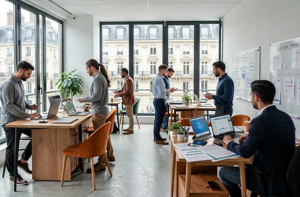 Vue d'ensemble d'une agence Google Ads moderne en Île-de-France avec des professionnels travaillant sur des campagnes digitales