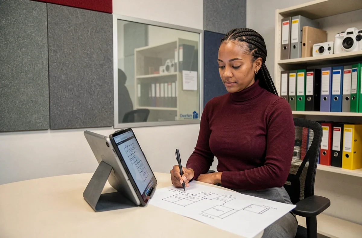 Designer UX d'Imedia réalisant un test utilisateur avec un prototype sur tablette dans une salle de recherche spécialisée