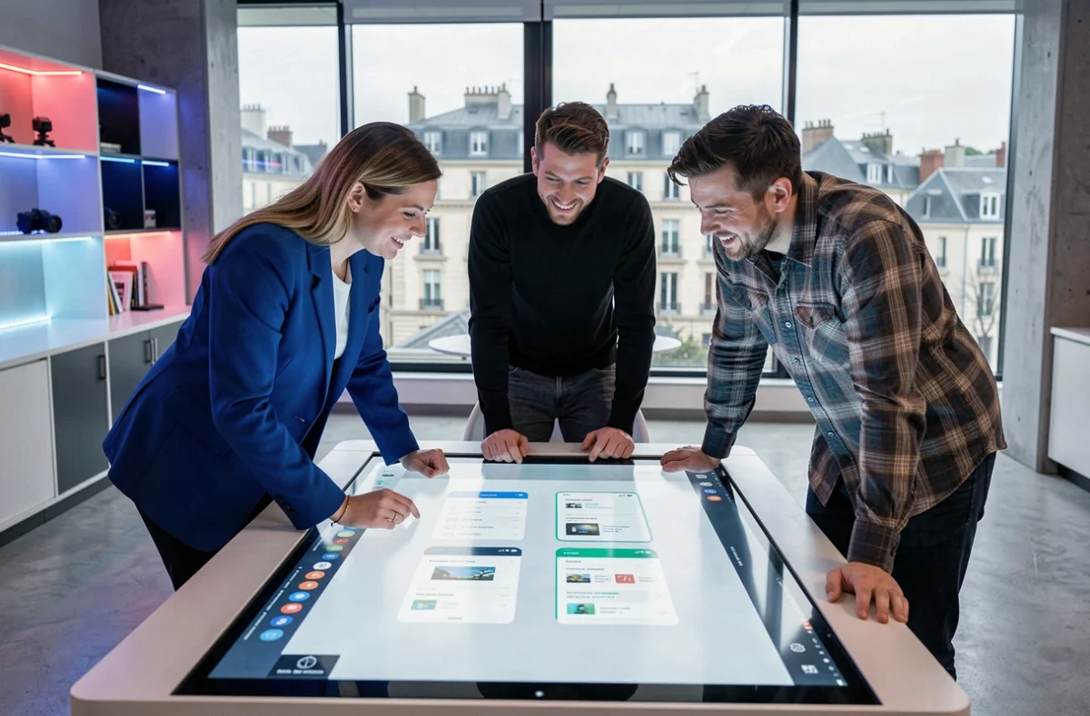Équipe de l'agence Kreactive collaborant autour d'une table interactive affichant un prototype d'application mobile dans un lab d'innovation
