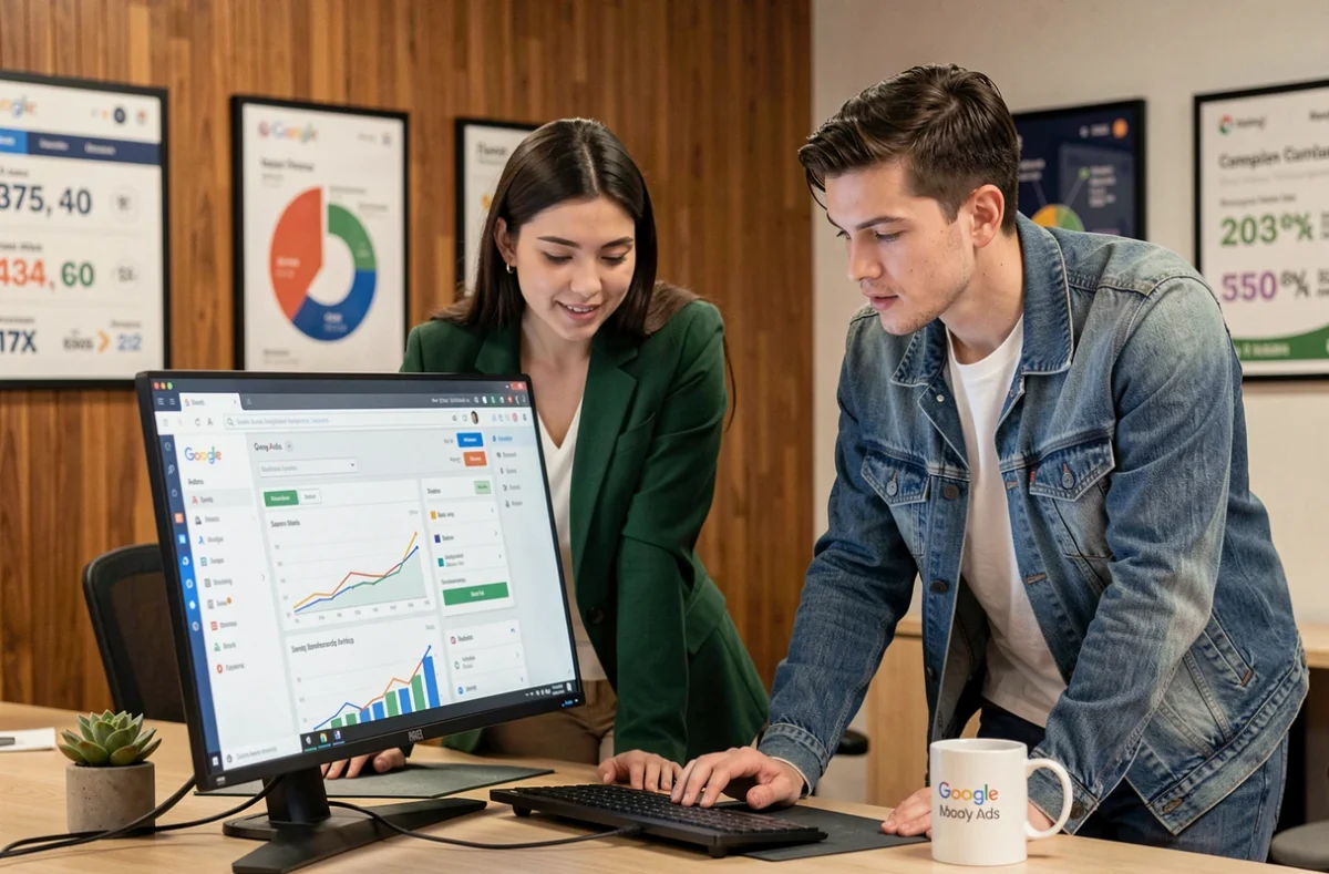 Deux consultants de l'agence Let's Clic configurant une campagne Google Ads sur un écran ultrawide dans un bureau chaleureux à Paris