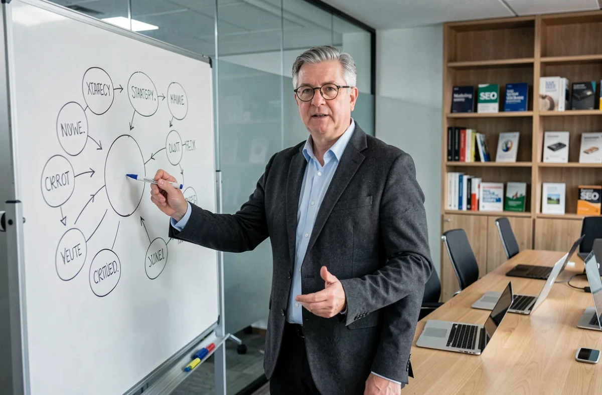 Stratège web de l'agence Net Stratège présentant une stratégie digitale sur tableau blanc dans une salle de réunion professionnelle