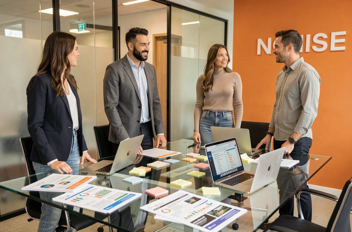 Équipe de l'agence NOIISE en réunion de stratégie Google Ads dans une salle de conférence parisienne moderne