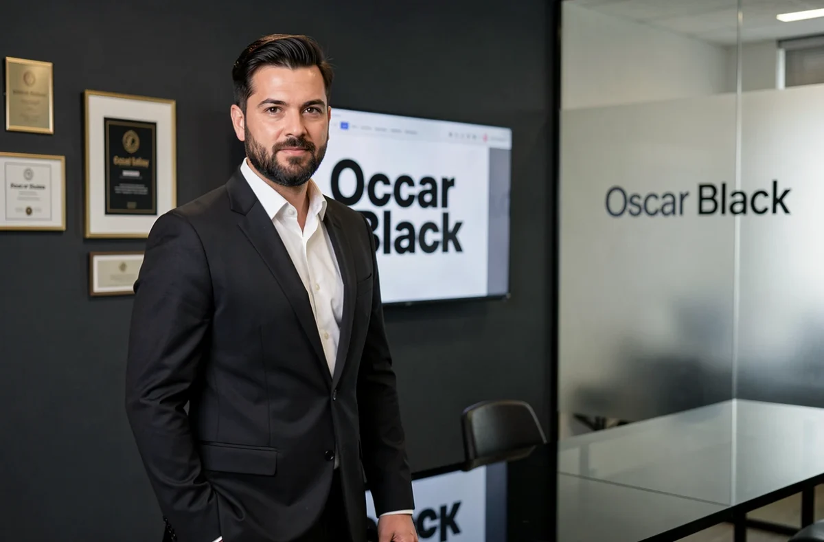 Directeur de l'agence Oscar Black dans un bureau sombre et élégant, devant un projet de branding en monochrome