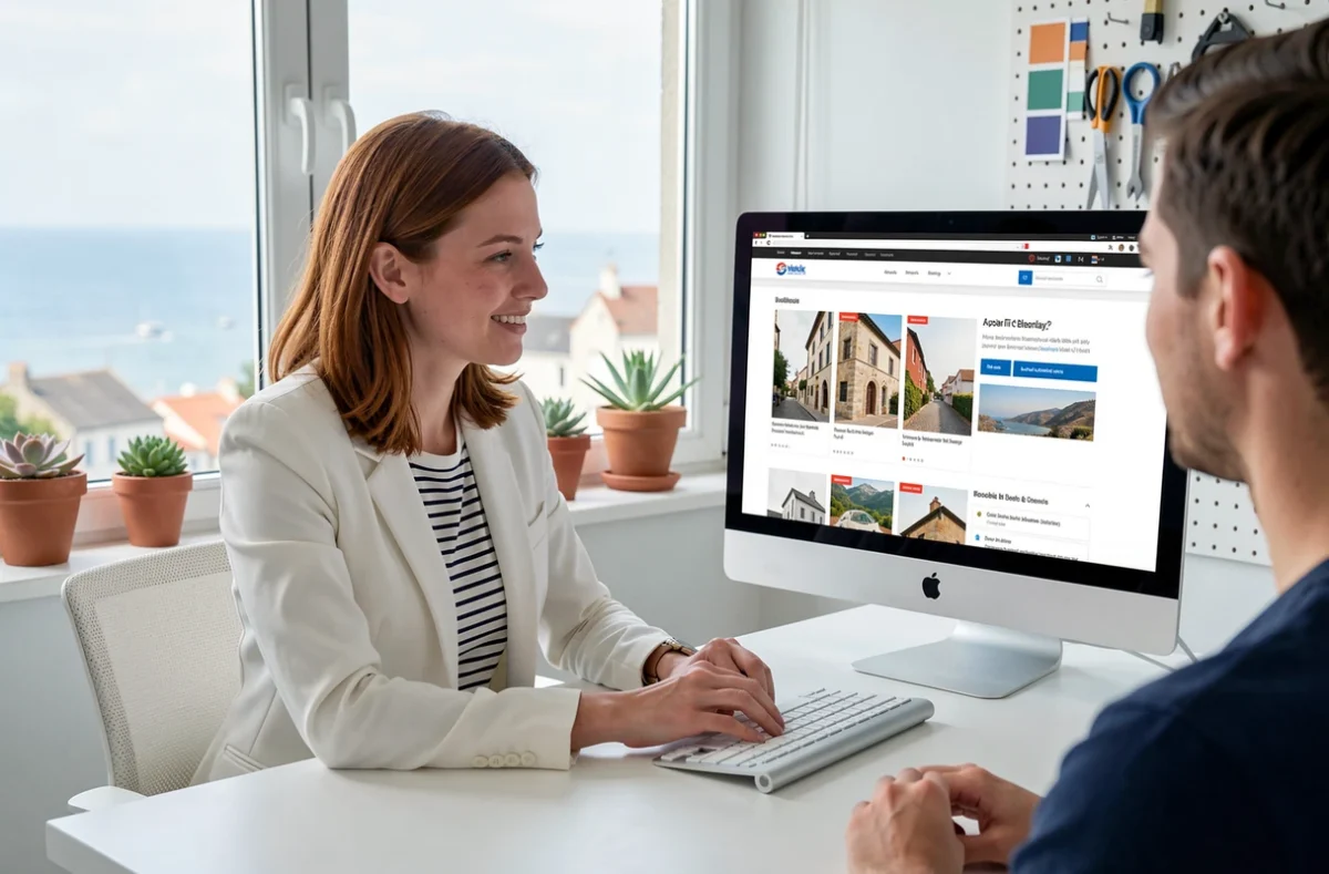 Consultante de l'agence Owmel présentant un site e-commerce sur écran dans un bureau avec vue sur une ville bretonne