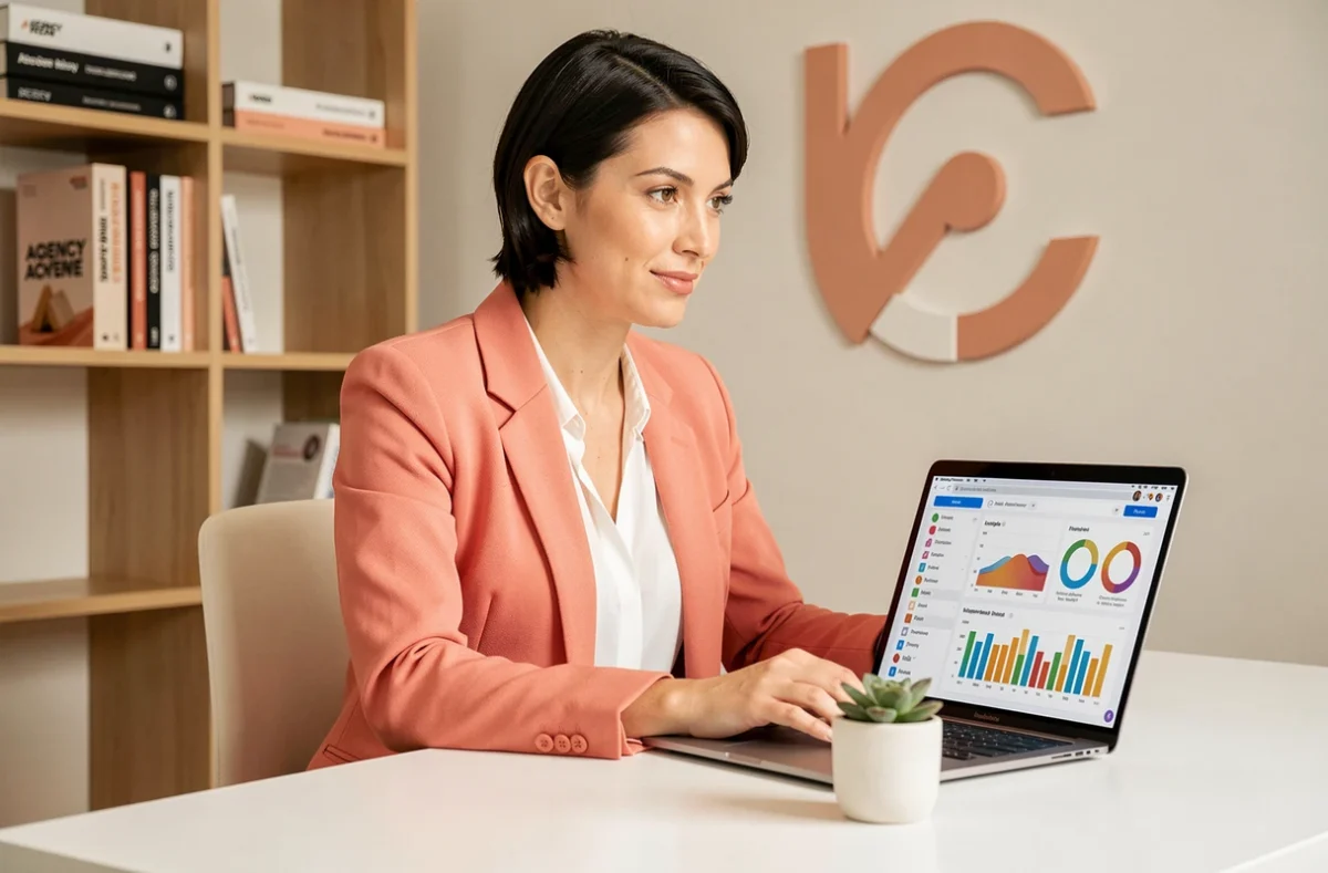 Professionnelle de l'agence Peach dans un bureau moderne aux tons pêche, travaillant sur des analyses de réseaux sociaux
