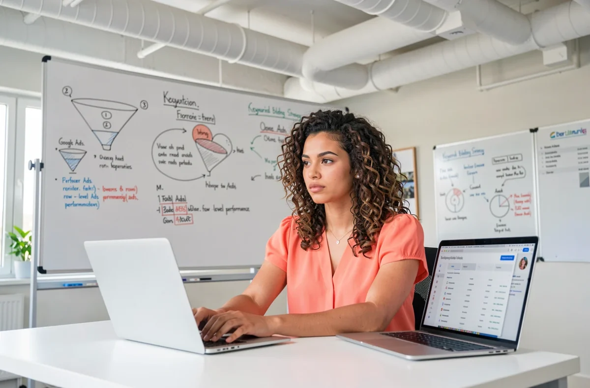 Une chargée de campagnes de l'agence Rerow travaillant sur une stratégie d'enchères Google Ads dans un bureau startup dynamique