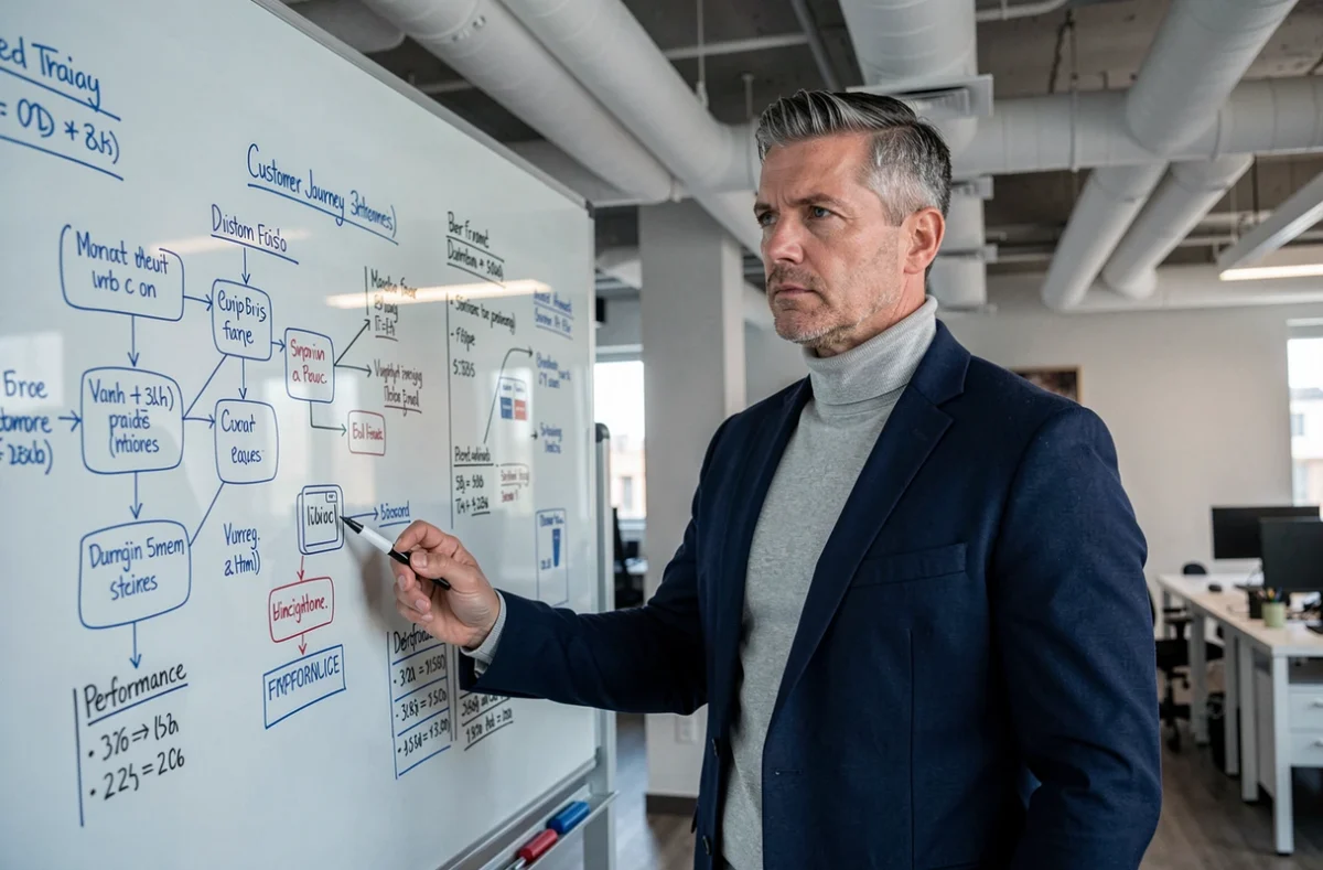 Stratège de l'agence Spec présentant une cartographie de stratégie digitale sur un tableau en verre dans un bureau moderne