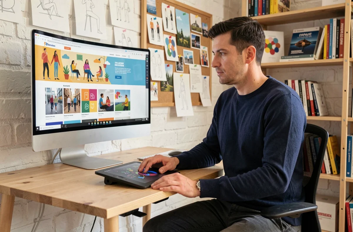 Designer de l'agence Touzazimut travaillant sur une interface web illustrée avec une tablette graphique dans un studio créatif breton
