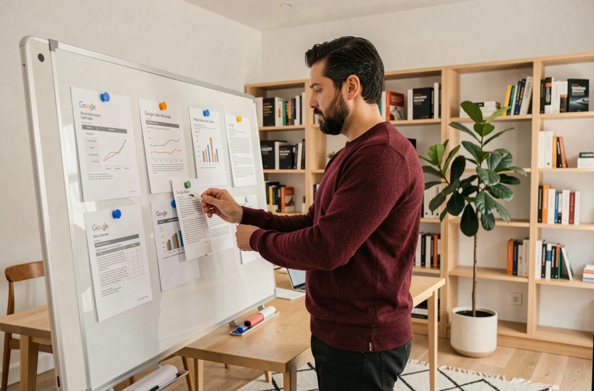 Un expert de l'agence Yateo analysant des rapports d'audit Google Ads dans un bureau au design scandinave épuré