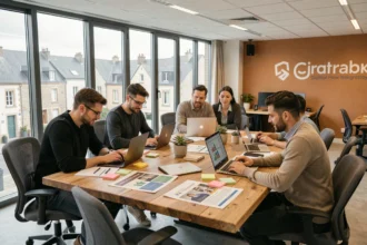 Équipe d'une agence de marketing digital dans l'Oise collaborant autour d'une table dans un bureau moderne