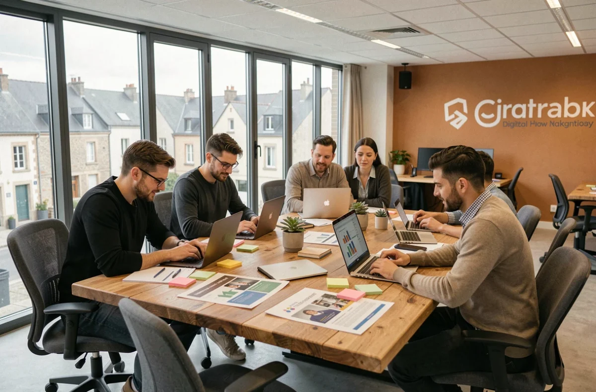 Équipe d'une agence de marketing digital dans l'Oise collaborant autour d'une table dans un bureau moderne