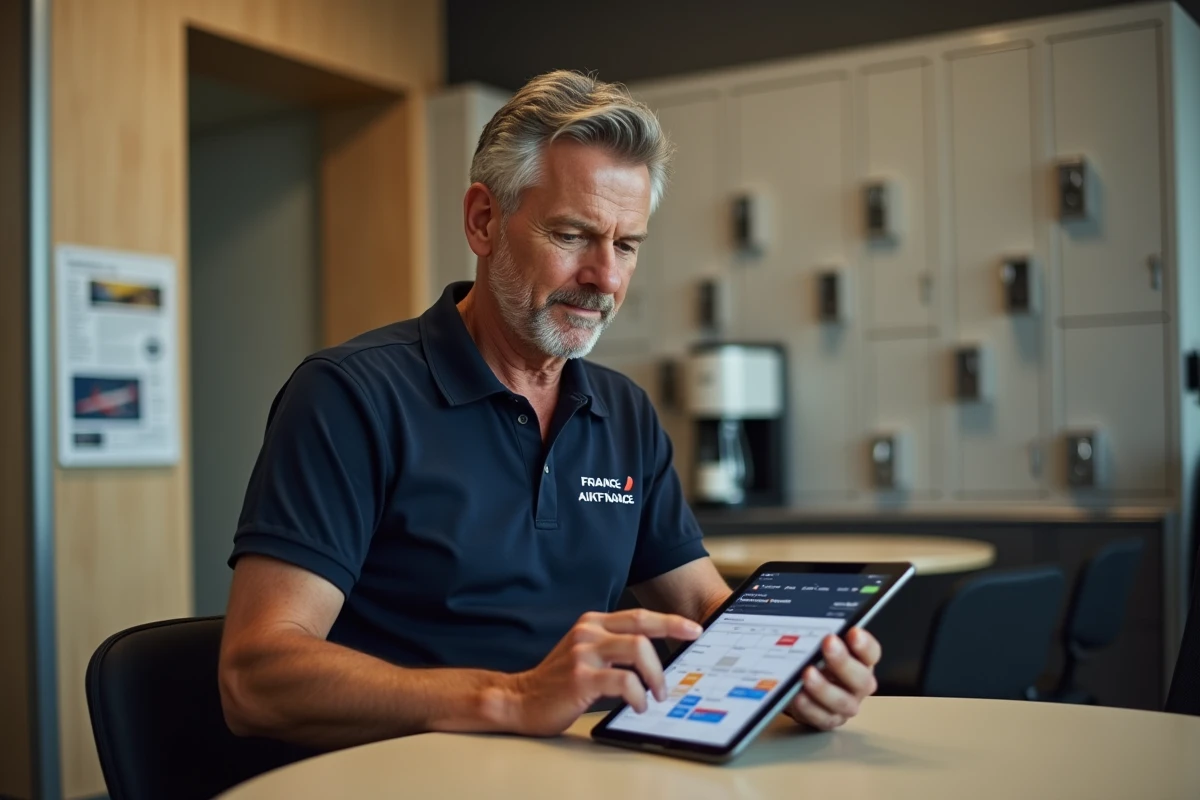 Agent Air France consultant son planning de travail sur une tablette dans la salle de pause
