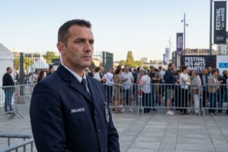 Agent de sécurité événementielle en uniforme à l'entrée d'un événement en plein air à Nantes