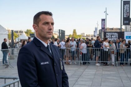 Agent de sécurité événementielle en uniforme à l'entrée d'un événement en plein air à Nantes