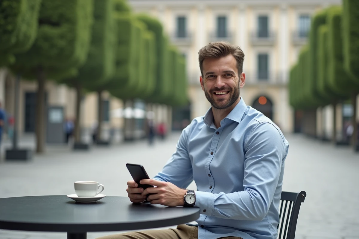 Agent territorial consultant l'intranet de la région sur smartphone en terrasse