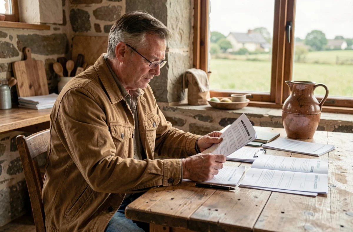 Agriculteur en zone rurale consultant des documents administratifs MSA à la table de sa ferme
