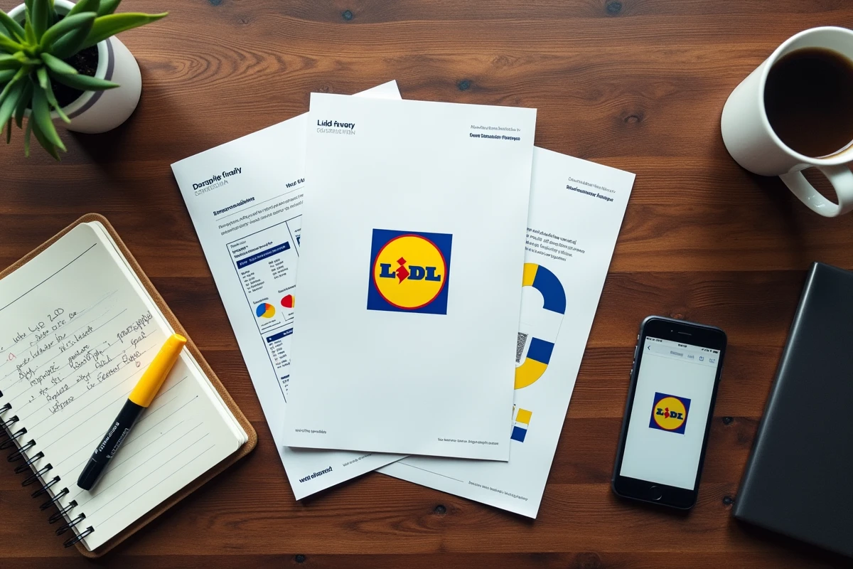 Vue de dessus d'un bureau avec des documents d'analyse du logo Lidl, notes manuscrites et smartphone en agence marketing