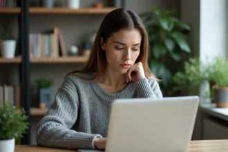 Femme analysant des avis clients en ligne sur un ordinateur portable, illustrant l'analyse des reviews ZOZIMALLETOM LTD
