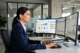 Analyste de données femme travaillant sur des tableaux de bord d'automatisation micro-environnement dans un bureau moderne