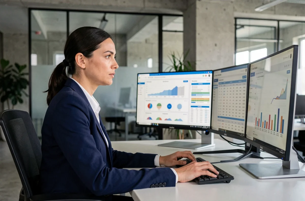 Analyste de données femme travaillant sur des tableaux de bord d'automatisation micro-environnement dans un bureau moderne