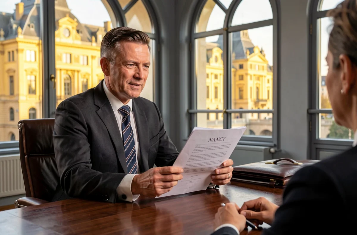 Avocat associé d'ARCAD Avocats à Nancy présentant une stratégie juridique en salle de réunion avec vue sur la Place Stanislas