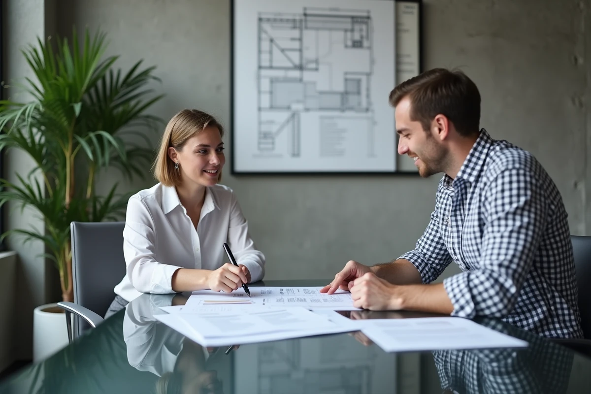 Architecte et entrepreneur discutant des garanties d'un devis de construction autour d'une table de réunion
