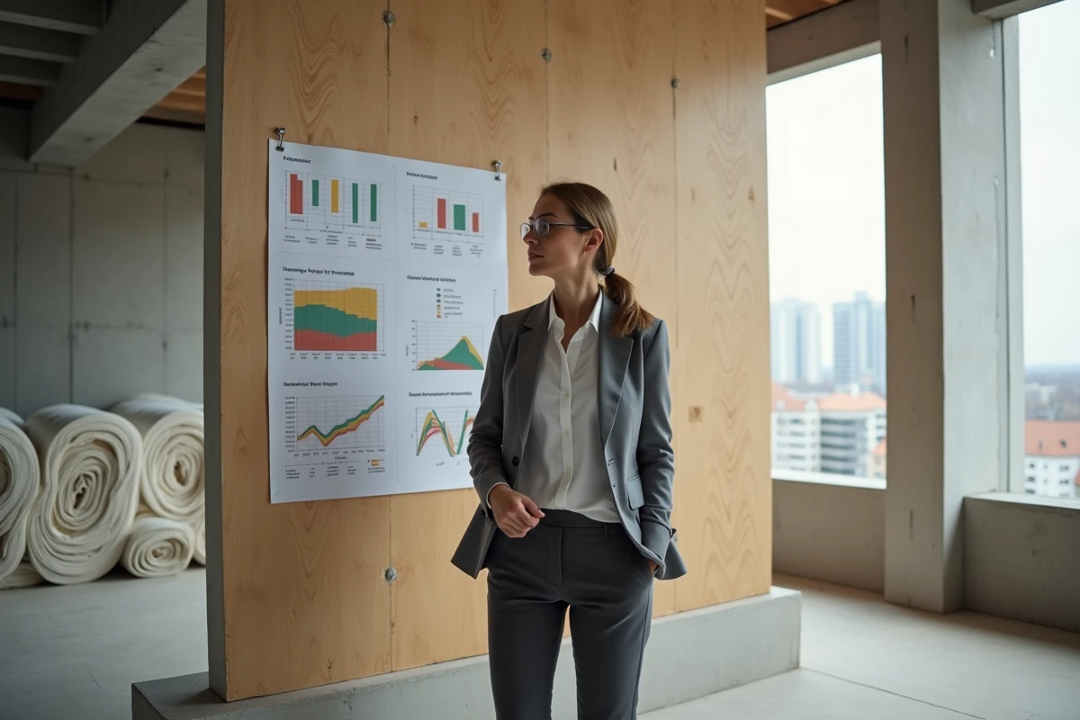 Architecte féminine analysant un diagramme de performance énergétique à l'intérieur d'un bâtiment en construction avec isolation thermique visible