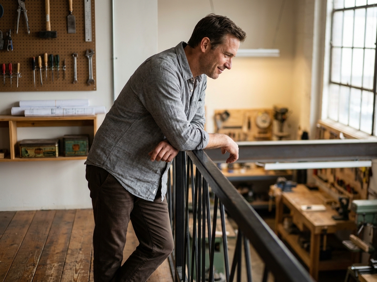 Artisan dans la quarantaine appuyé sur la rambarde de sa mezzanine d'atelier, regardant l'espace de travail organisé en dessous