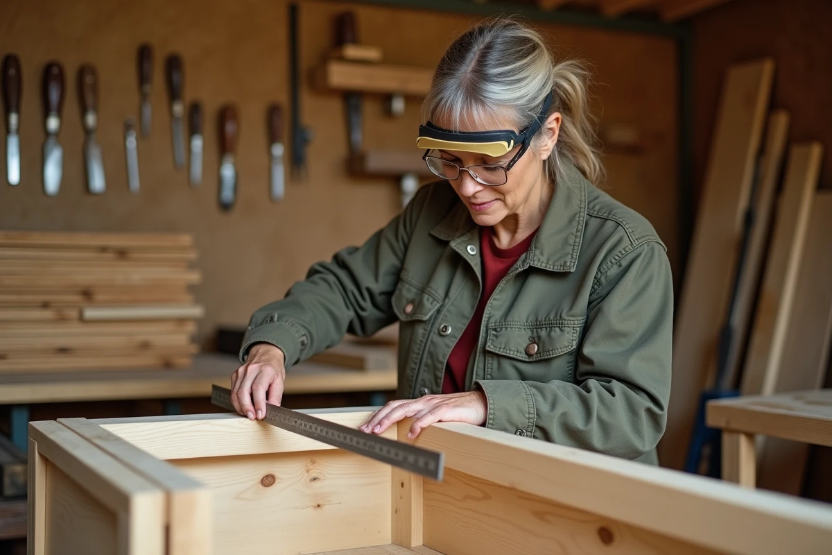 Artisane menuisière mesurant un meuble en bois dans un atelier de menuiserie professionnel