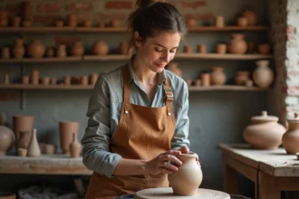 Artisane femme travaillant l'argile sur un tour de potier dans un atelier de céramique rustique
