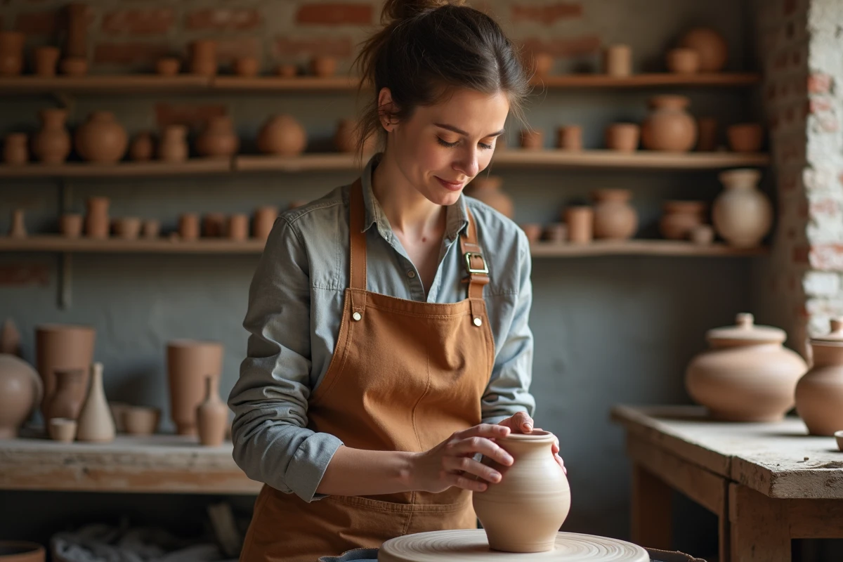 Artisane femme travaillant l'argile sur un tour de potier dans un atelier de céramique rustique