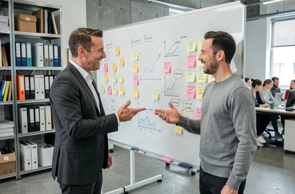 Deux associés discutant d'une stratégie d'entreprise devant un tableau blanc rempli de graphiques et de notes dans un bureau startup