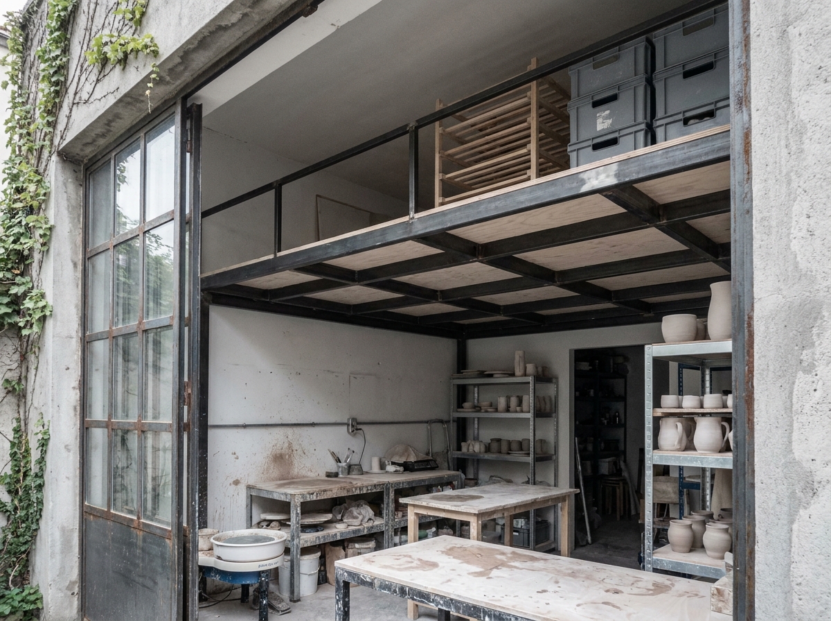 Vue extérieure à travers une fenêtre industrielle d'un atelier de céramique équipé d'une mezzanine métallique pour optimiser le rangement en hauteur