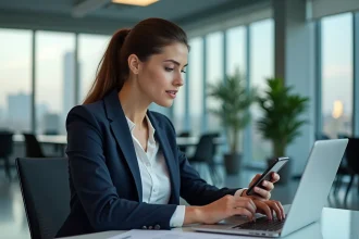 Avocate professionnelle analysant des preuves photos juridiques géolocalisées sur smartphone et ordinateur portable dans un bureau moderne
