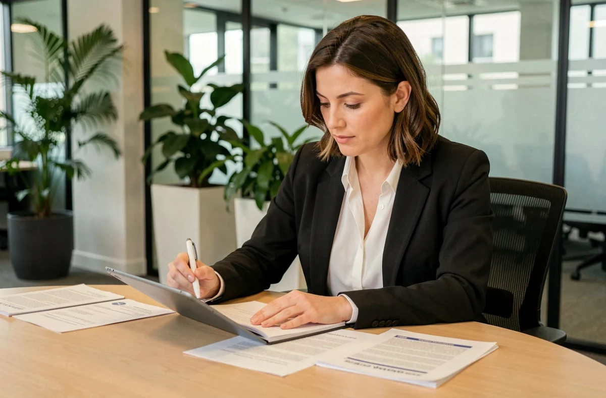 Avocate de Berna Associés dans un bureau moderne consultant un dossier juridique complet pour une entreprise cliente