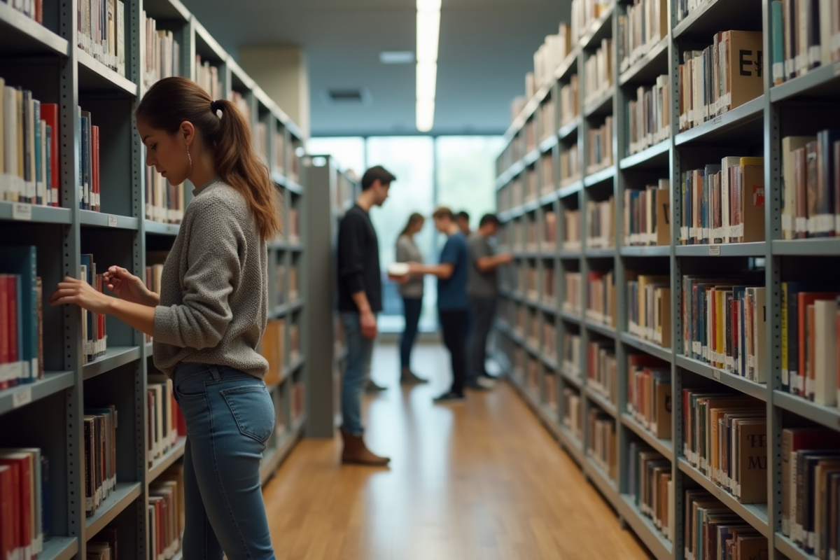 Jeunes triant des livres dans une bibliothèque moderne