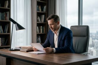 Dirigeant en costume marine assis à un bureau en noyer dans un bureau exécutif moderne avec bibliothèque et vue sur la ville